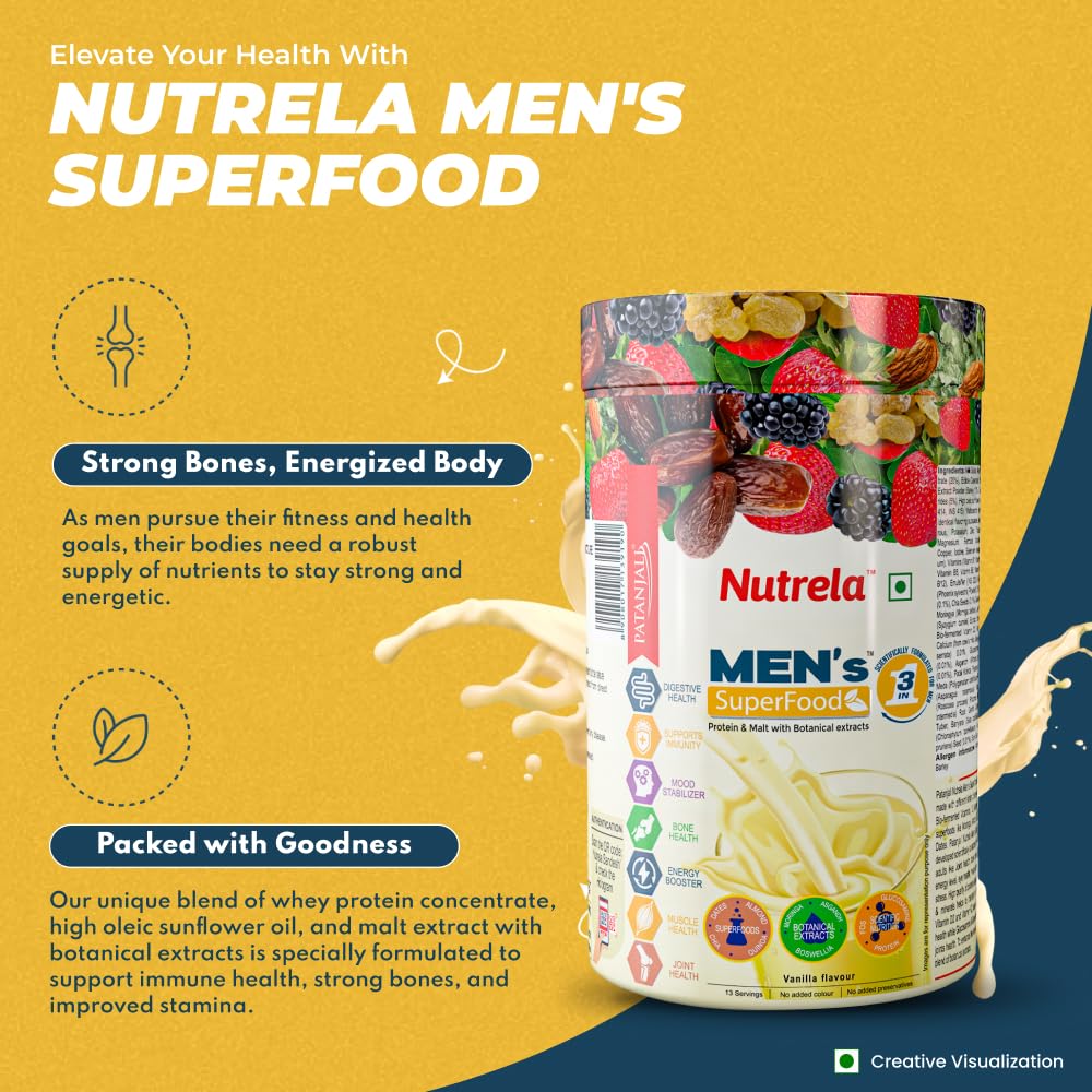 Nutrela Men Superfoods With Whey Protein Powder - 400g, Vanilla Flavor | Everyday Fitness with Biofermented Multivitamins & Whey Protein to support in Bone & Joints Health , Muscle , Heart , Hair & Nails , Ednergy Booster and Mood Stabilizer