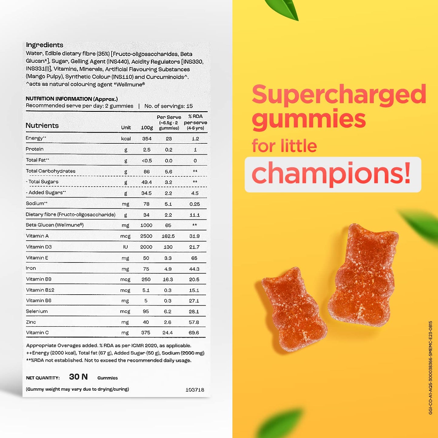 Dr. Reddy's CeleHealth Kidz Immuno Plus Multivitamin Gummies with Wellmune, Vitamin C & Zinc for Kids (4 - 12 Years) | Supports Immunity and Digestion | Pulpy Mango Flavour | 30 Gummies - Pack of 2 | 100% Vegetarian