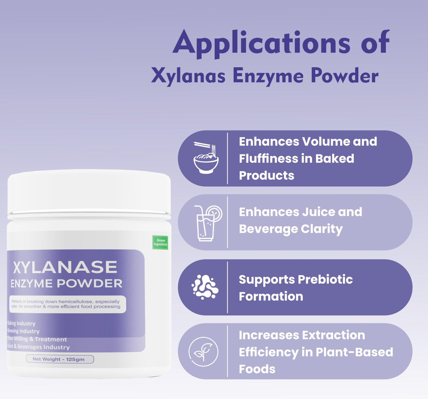 Bioven Ingredients Fungal Xylanase Enzyme Powder (gm, 125), Dietary Supplements/Food and Beverages, Broad pH Range of Activity, Excellent Thermostability, Degrades Xylans, No Filters/Binder