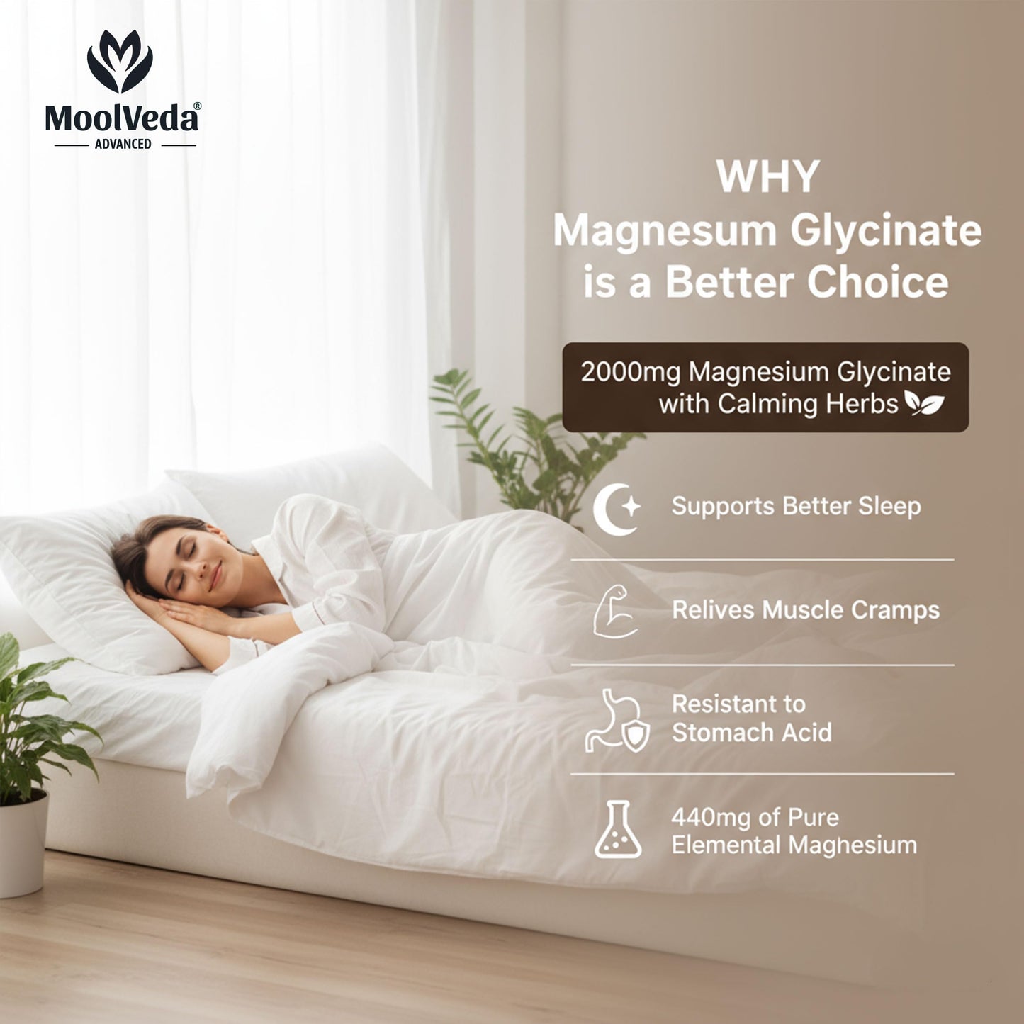 Moolveda Magnesium Glycinate 120 Tablets | Highly Absorbable Magnesium Source | Gentle on Stomach | Daily Mineral Supplement