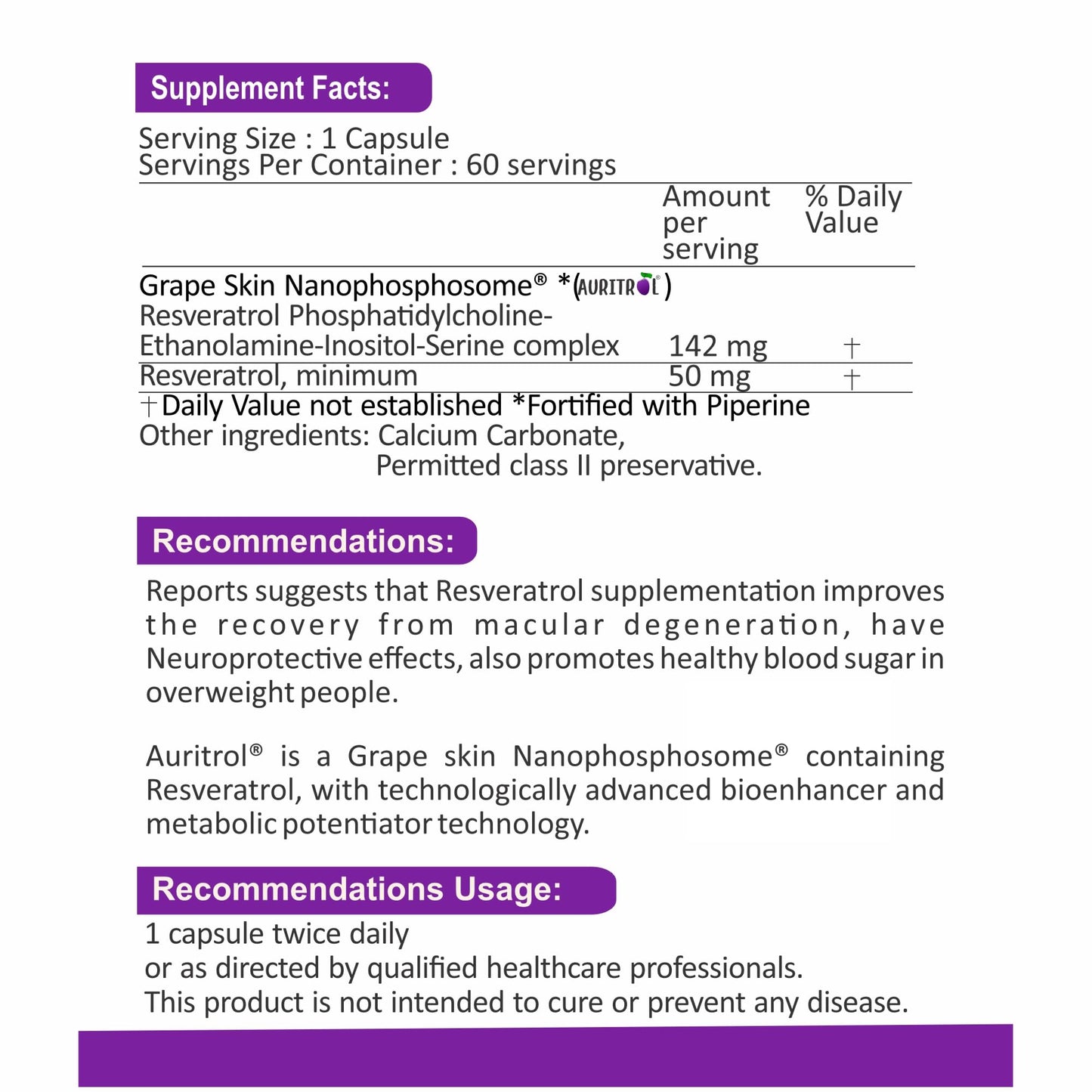 AURITROL Grape Skin Nanophosphosome 142 mg with Resveratrol 50 mg, fortified with Piperine by Aurinko Healthcare. 60 Capsules