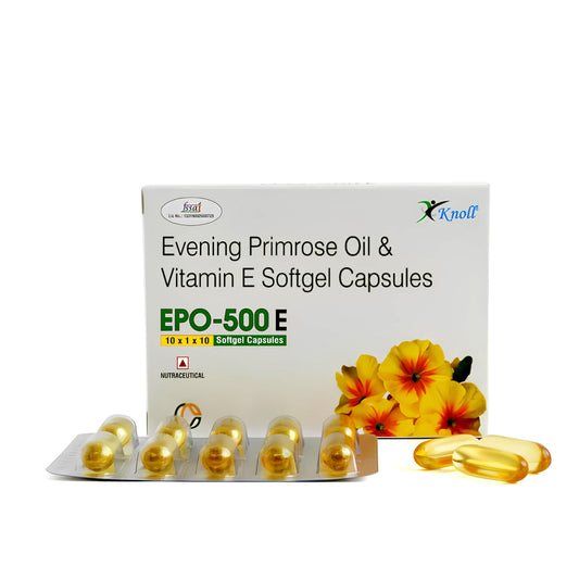 Knoll Healthcare EPO-500E Evening Primrose Oil 500 mg with Vitamin E Softgel Capsules | Supports Women’s Wellness, Skin Health & Antioxidant Support | Dietary Supplement (1x10 Capsules)