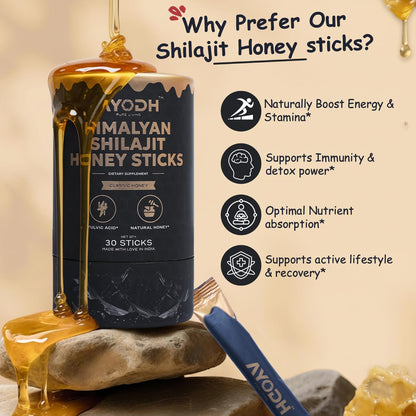 AYODH Ashwagandha Himalayan Shilajit Honey Sticks Bundle | 60 Sticks | Daily Wellness Vitality Support