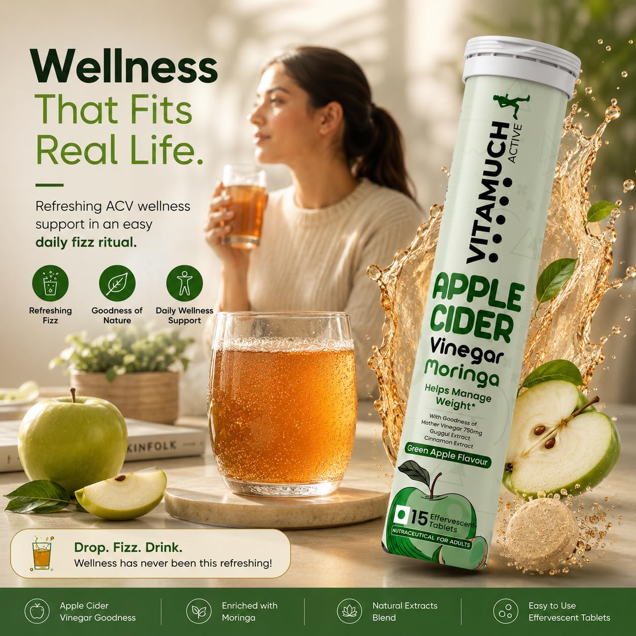 Vitamuch ACV Moringa Effervescent Tablets for Weight Management | Apple Cider Vinegar, Moringa & Green Tea Blend | Supports Metabolism, Craving Control & Energy | Green Apple Flavour (15 Tablets)