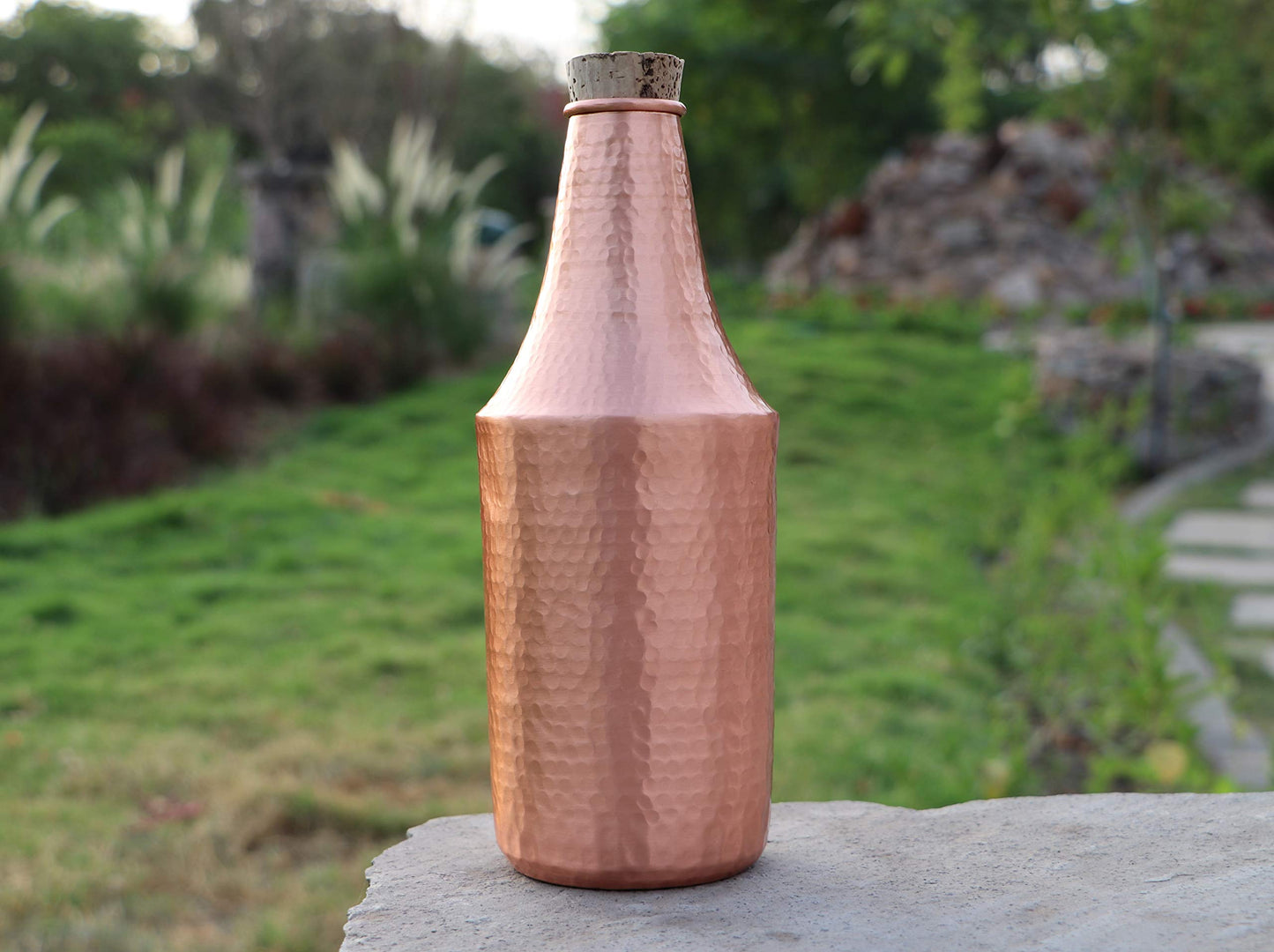 DeKulture Hand Hammered Pure Copper Water Bottle with Wooden Cork Lid (1 Liter) - Ayurvedic & Yoga Benefits, 3.5 x 9.5 (DH) Inches