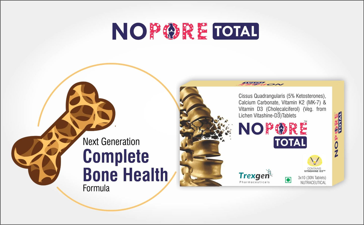 Trexgen-NOPORE TOTAL Hadjod 500mg >5%K.S.-Complete Strong Bones & Fracture Healing Support-Cissus Quadrangularis(hadjod) >5% K.S. 500mg; Calcium 500mg; Vitamin K2-7 45mcg; Vitamin D3 400IU-30 Tablets