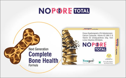 Trexgen-NOPORE TOTAL Hadjod 500mg >5%K.S.-Complete Strong Bones & Fracture Healing Support-Cissus Quadrangularis(hadjod) >5% K.S. 500mg; Calcium 500mg; Vitamin K2-7 45mcg; Vitamin D3 400IU-30 Tablets