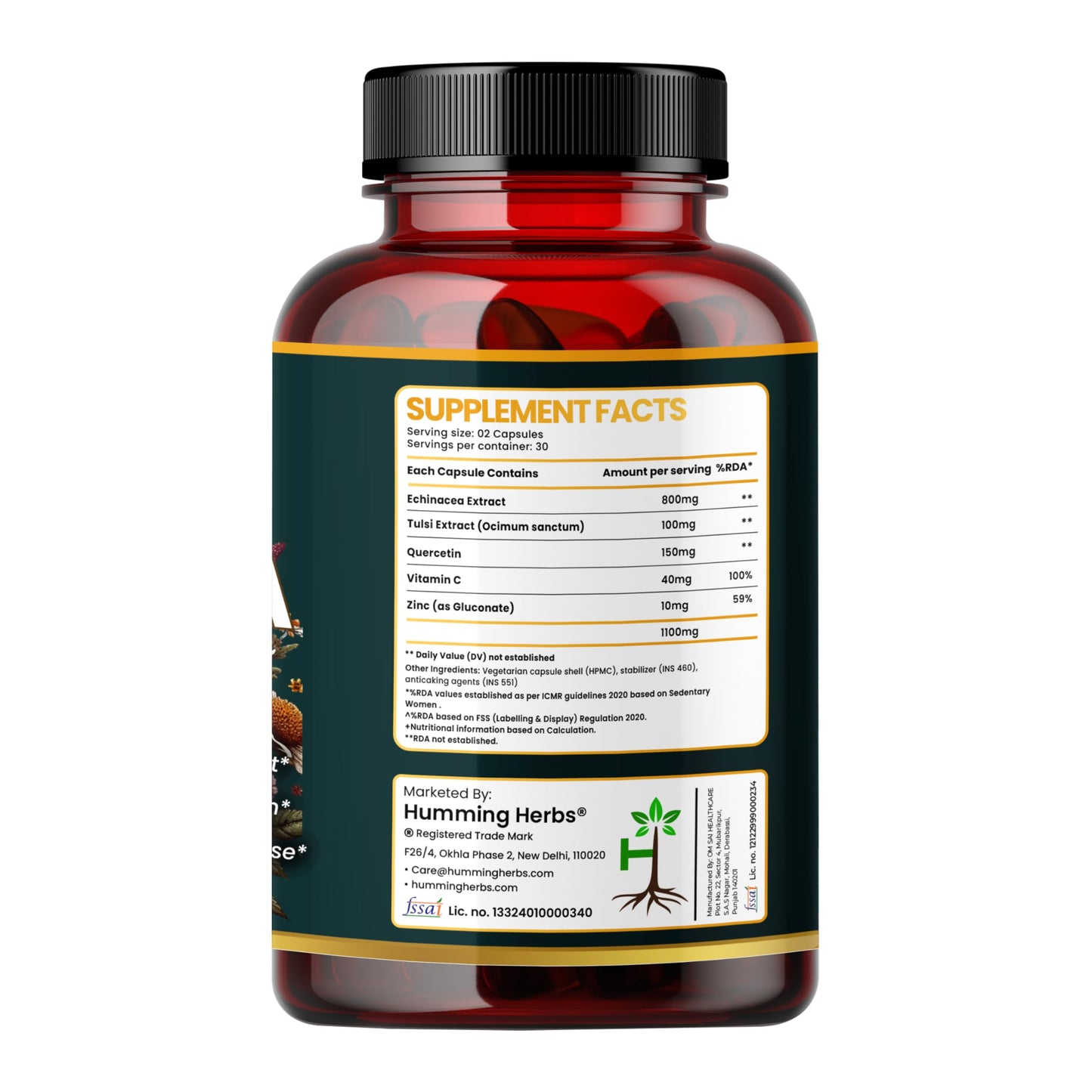 Humming Herbs Echinacea 1200mg with Elderberry & Bee Propolis - Immune Support Complex for Cold Prevention & Healing - Antioxidant, Immunity Boosting & Defense From Infection