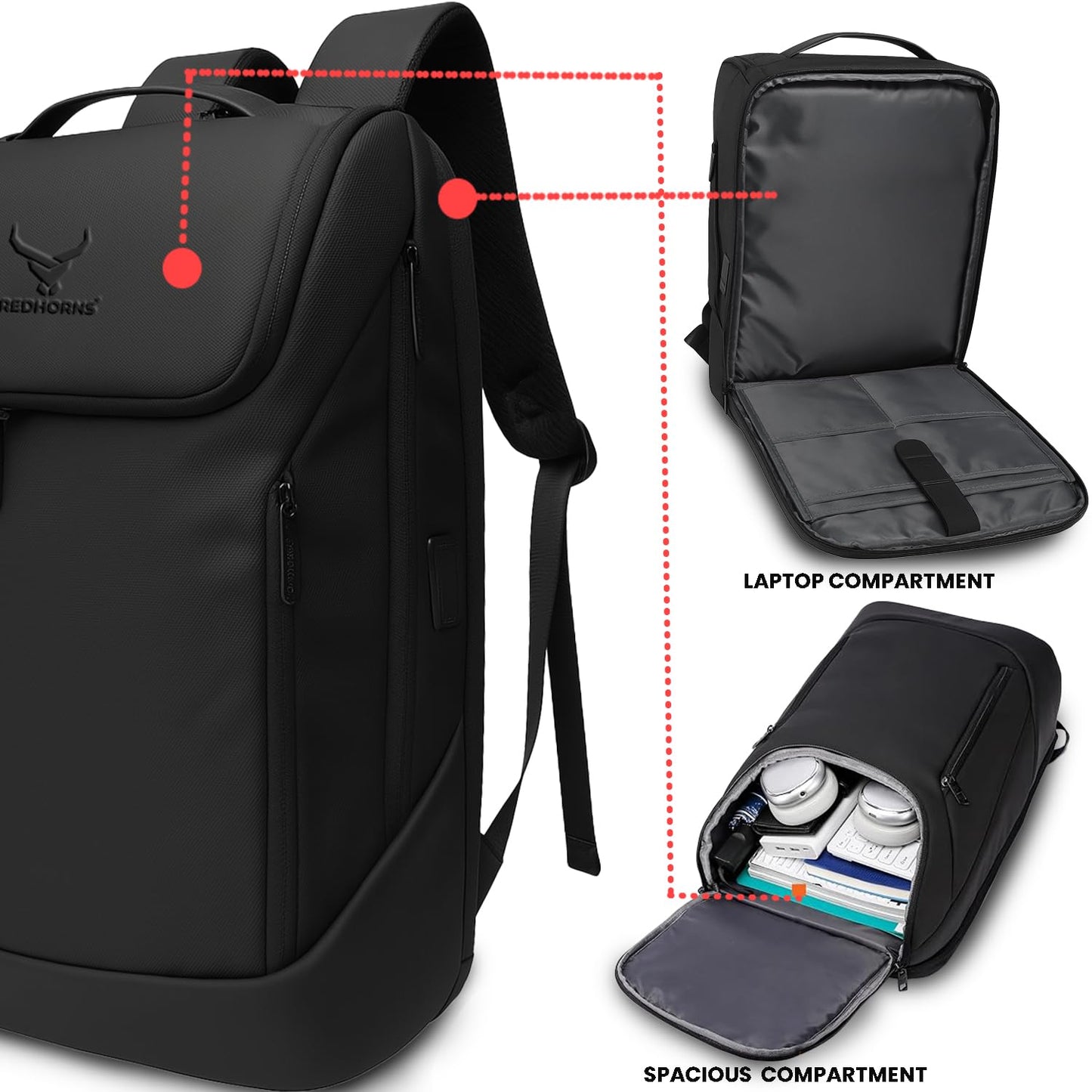 REDHORNS Velocity 15.6” Unisex Laptop Bag Anti-Theft, Water-Resistant 27L with USB Charging and 3 digit lock for College, Travel, School Backpack Men & Women