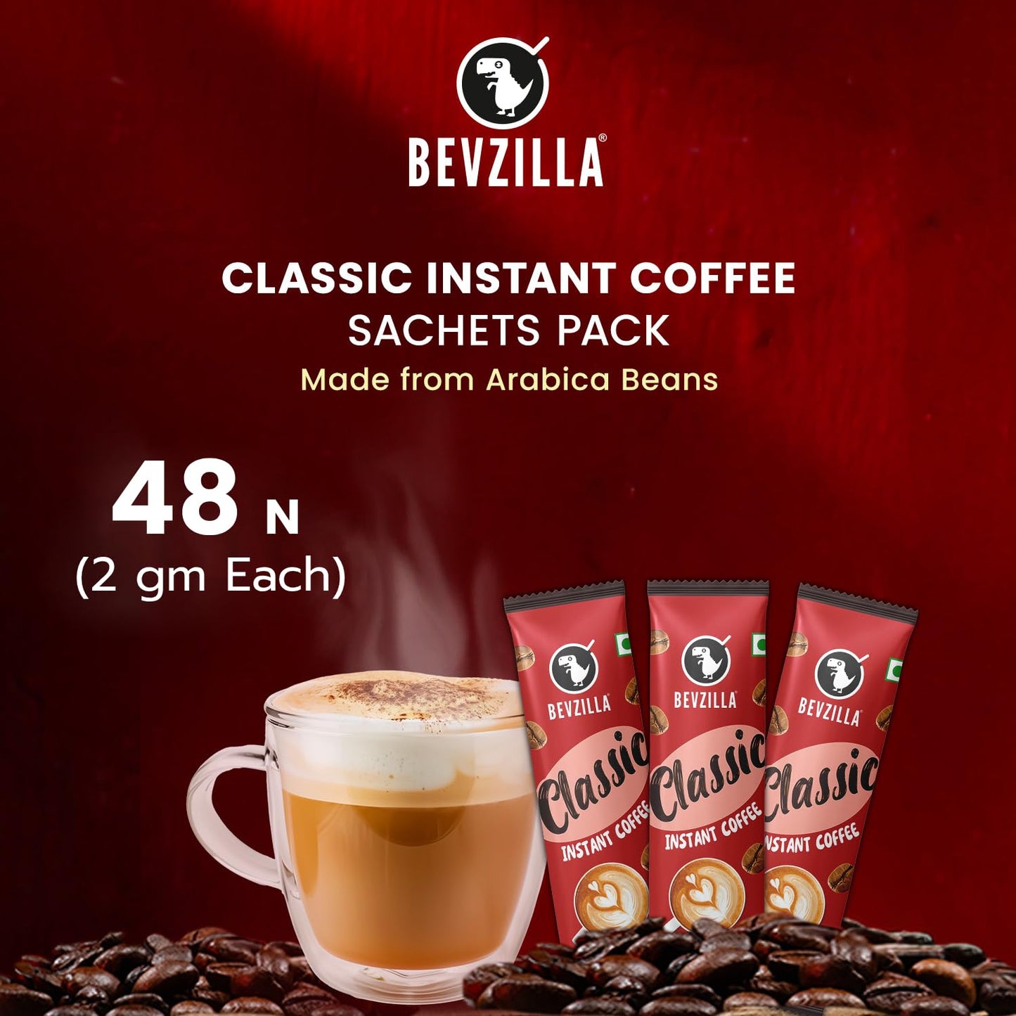 Bevzilla 48 Classic Instant Coffee Sachets | Arabica Coffee | Perfect for Espresso, Latte & Cappuccino | Enjoy Hot & Cold Brews | 96g