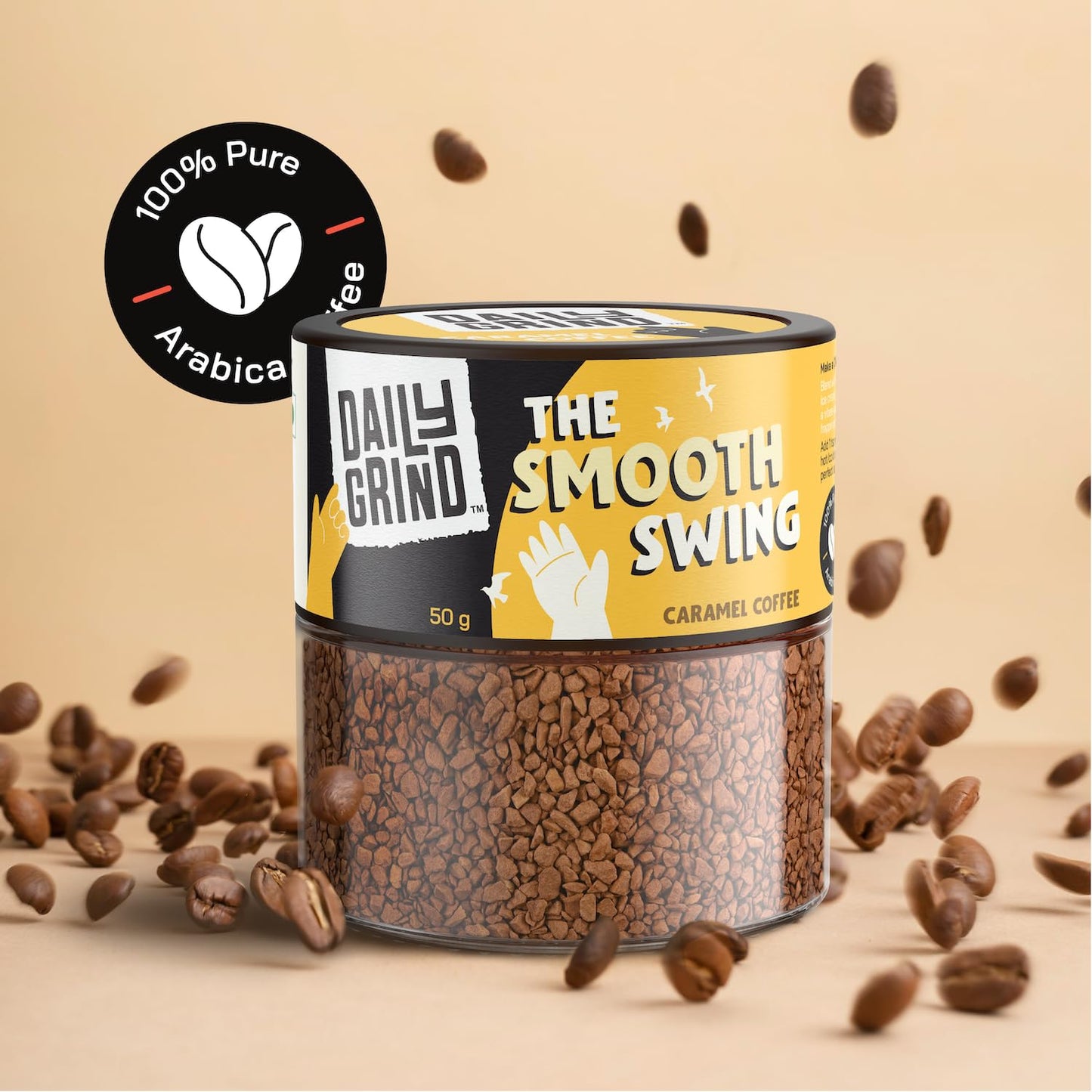 DAILYGRIND Caramel Flavoured Instant Coffee Powder 50g | Freeze-Dried Pure Arabica Coffee Granules | For Mochas, Espresso, Cappuccino, Latte, Frappes | Medium Roast Hot & Cold Coffee (25 Cups)