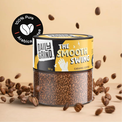DAILYGRIND Caramel Flavoured Instant Coffee Powder 50g | Freeze-Dried Pure Arabica Coffee Granules | For Mochas, Espresso, Cappuccino, Latte, Frappes | Medium Roast Hot & Cold Coffee (25 Cups)