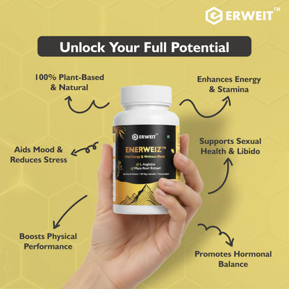 Enerweiz Daily Energy & Stamina Capsules for Men & Women | With L-Arginine & Maca Root | Supports Blood Flow, Performance & Vitality | 60 Capsules