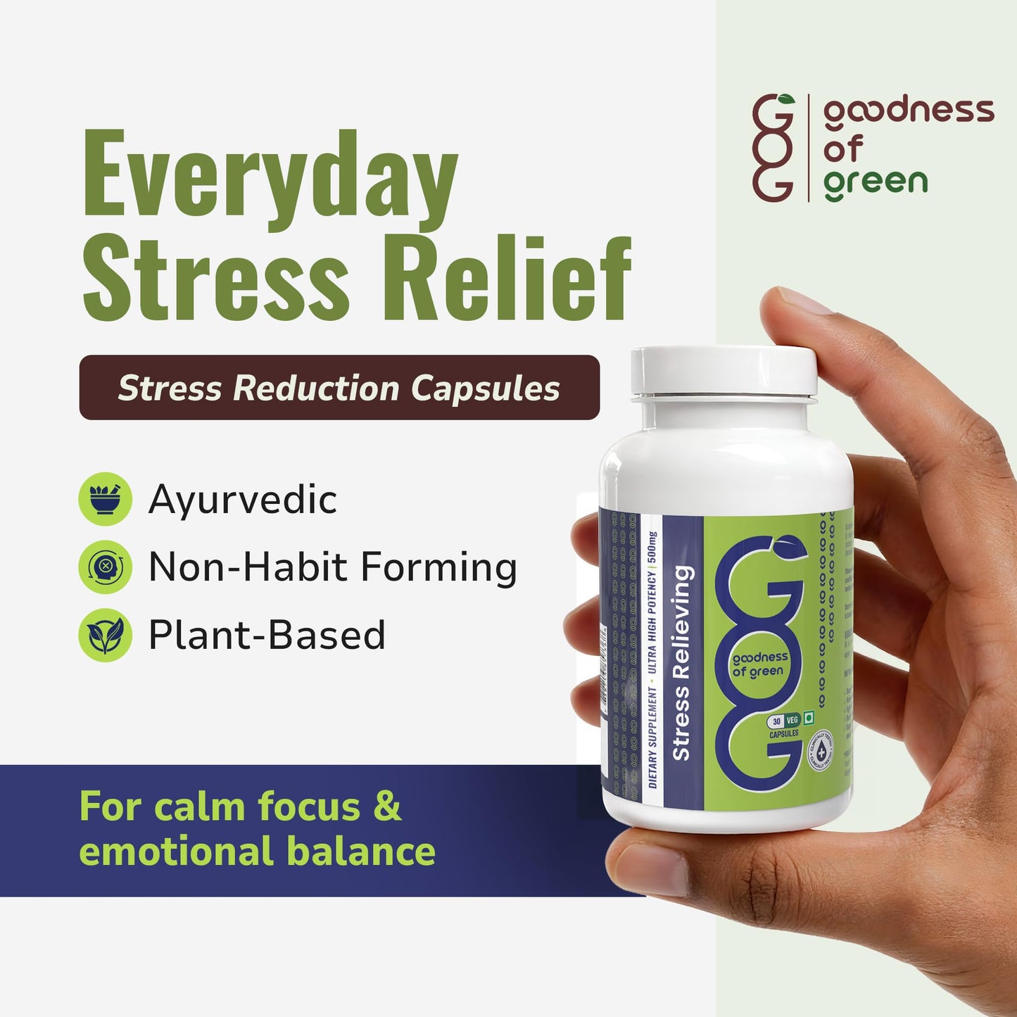 Goodness of Green Stress Relief Capsules with Tulsi & Ashwagandha, Natural Stress & Anxiety Support, Enhances Sleep Quality, Focus & Emotional Balance, 100% Pure, Vegan, Gluten-Free, 30 Veg Capsules