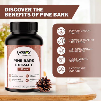 VREEX Pine Bark Extract 100mg Capsules | Natural Antioxidant Support | Helps Maintain Circulation, Skin & General Wellness | Herbal Supplement- 60 Veg Capsules