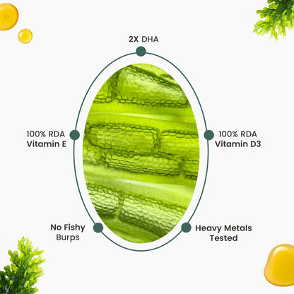 Neuherbs Deep-Sea Veg Omega 3 Supplement | 1000mg Algal Oil | Omega3 Vegetarian Capsules | Supports Heart, Brain, Skin & Bone Health | 100% RDA Vitamin D3 & E | Heavy Metals Tested - 60 Veg Softgels