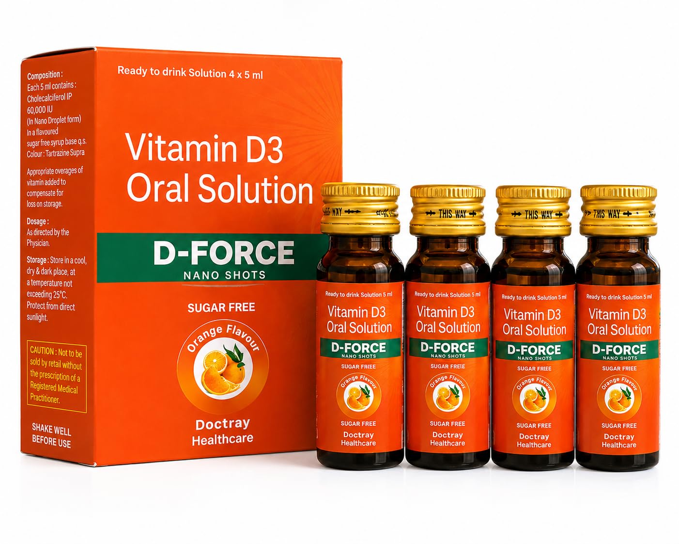 Docttray Healthcare D-Force Vitamin D3 Oral Solution Nano Shots, 4 x 5 ml | Sugar Free Orange Flavour Ready-to-Drink Liquid Nutritional Supplement - Pack of 1