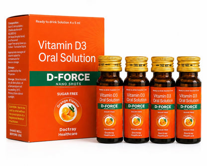 Docttray Healthcare D-Force Vitamin D3 Oral Solution Nano Shots, 4 x 5 ml | Sugar Free Orange Flavour Ready-to-Drink Liquid Nutritional Supplement - Pack of 1
