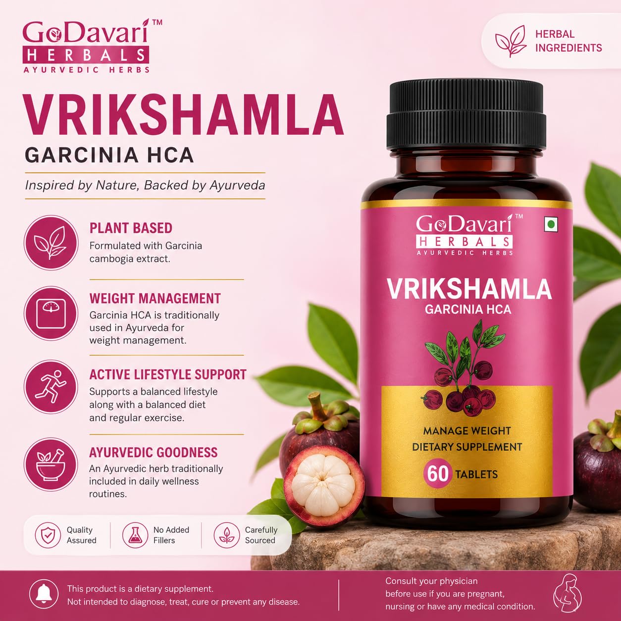 GoDavari Herbals Vrikshamla Garcinia HCA Tablets, Weight Management Dietary Supplement Non-GMO, 60 Tablets