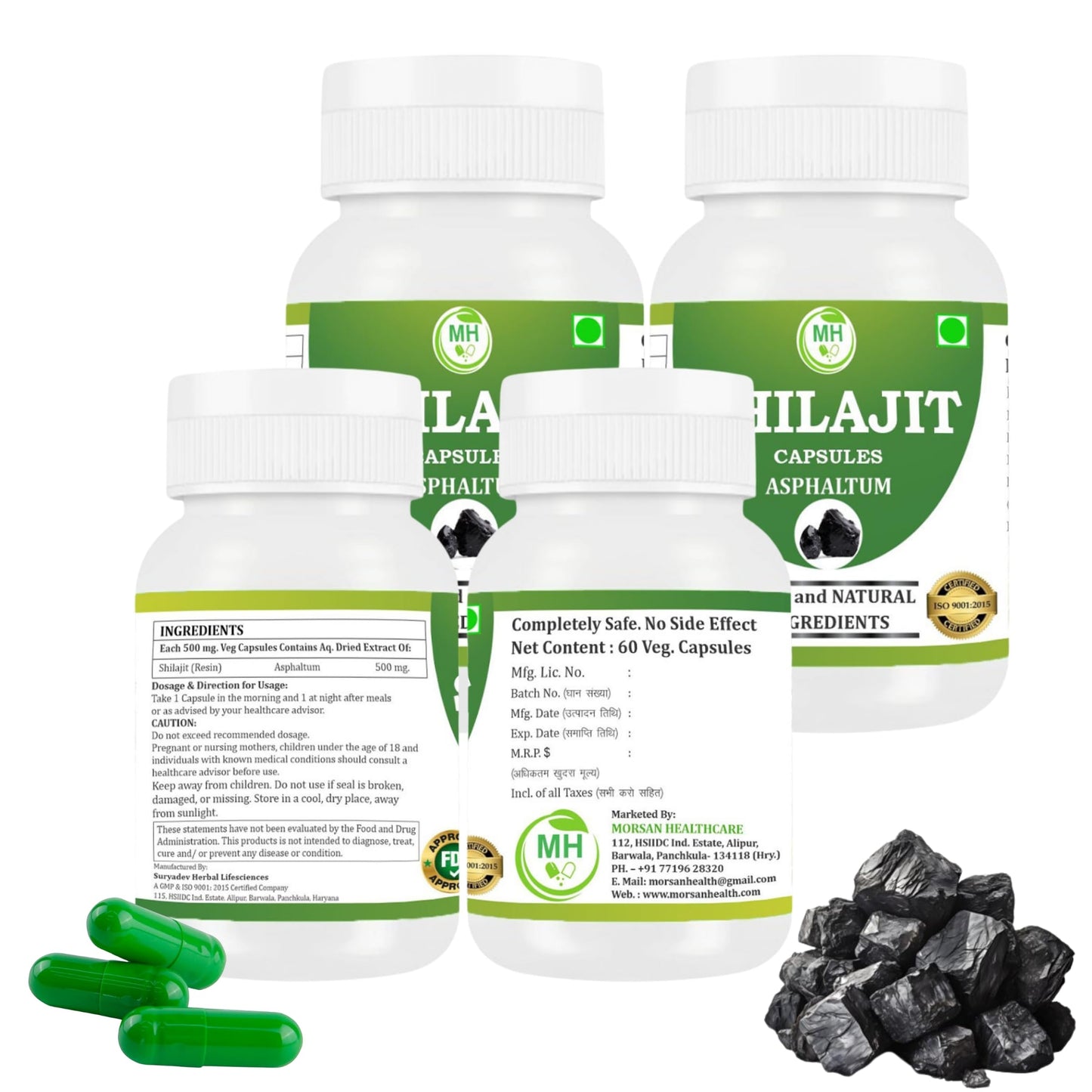 Morsan Healthcare SHILAJIT Capsules – 60 Veg Capsules | Pure Asphaltum Extract (Shuddha Shilajit) | Natural Ayurvedic Supplement | Plant-Based Wellness Formula | Pack of 4