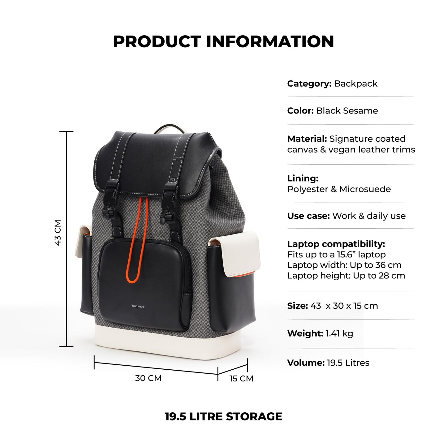 MOKOBARA Teriyaki 4 Compartment Backpack | 15.6 Inch Laptop Compartment, 19.5L Capacity | Signature Coated Canvas & Vegan Leather Trims, Water-Resistant, Lightweight | Padded Back Panel (Black Sesame)