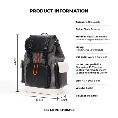 MOKOBARA Teriyaki 4 Compartment Backpack | 15.6 Inch Laptop Compartment, 19.5L Capacity | Signature Coated Canvas & Vegan Leather Trims, Water-Resistant, Lightweight | Padded Back Panel (Black Sesame)