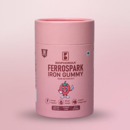 Biophoriaa Ferrospark Iron Gummies for Kids & Adults | Ferric Pyrophosphate Iron Supplement | Strawberry Flavour | Supports Energy, Hemoglobin & Immunity | 30 Gummies