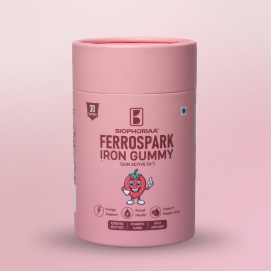Biophoriaa Ferrospark Iron Gummies for Kids & Adults | Ferric Pyrophosphate Iron Supplement | Strawberry Flavour | Supports Energy, Hemoglobin & Immunity | 30 Gummies