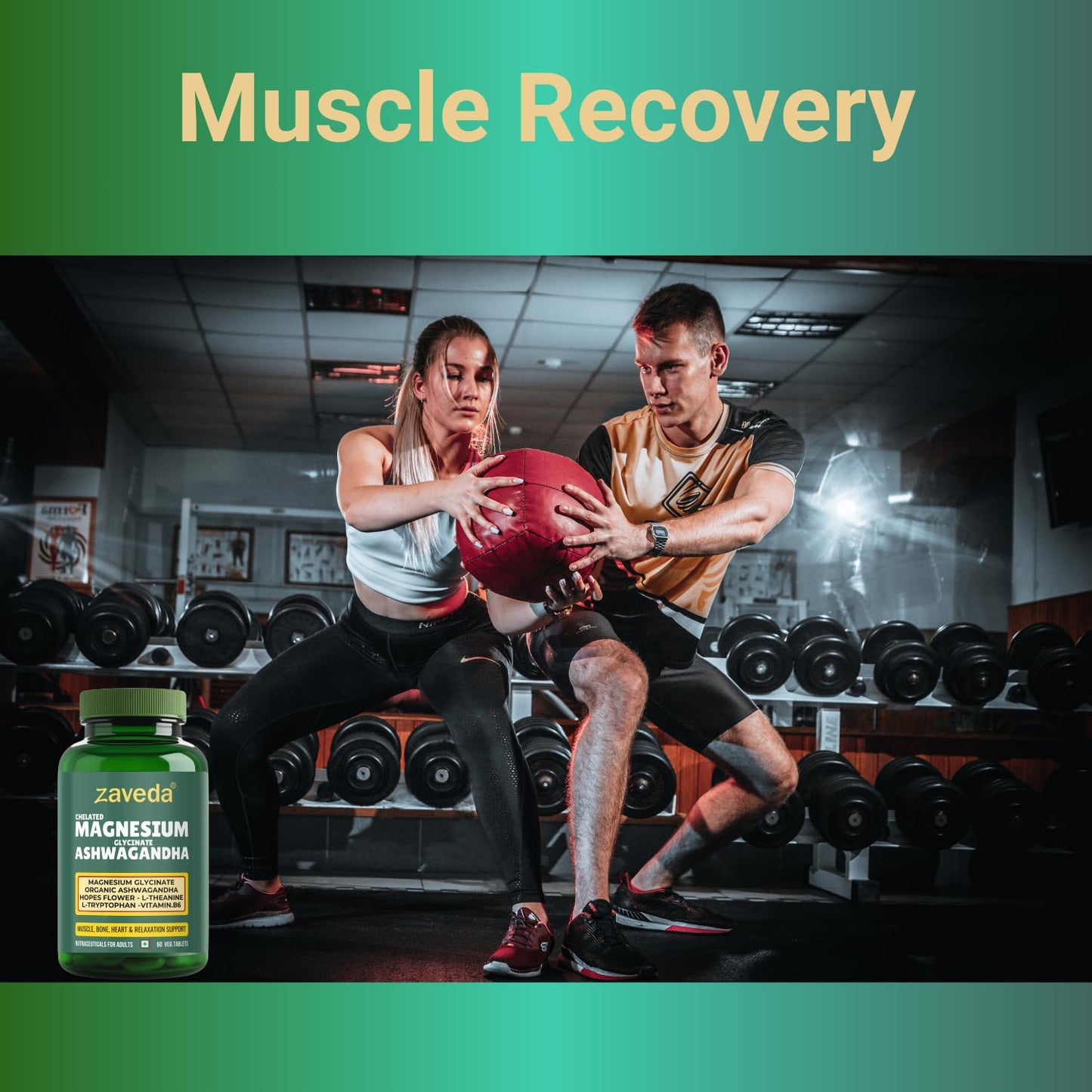 Zaveda Magnesium Glycinate Ashwagandha Tablets with Hopes flower, Vit. B6, L-Theanine, L-tryptophan & zinc | Highly Advanced Plant based formula | Muscle Recovery, Sleep & Nerve halth | 60 VegTablets