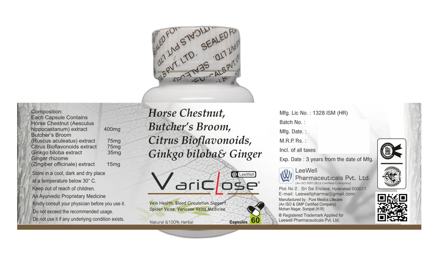 Variclose Vein Support for Vericose Veins, Spider Veins, Vascular Health, Restless Legs Micro Circulation | Citrus Bioflavonoids, Horse Chestnut Extract, Butchers broom, Gingko Biloba, Ginger extract - 60 Capsules