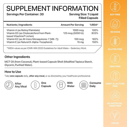 Decode Age DAKE 5000 IU | Vitamin D3 K2 Supplement with Vitamins E & A in MCT Oil for Bone, Immune, Heart and Vision Support | Vegan Capsules | 30 Vegan Capsules