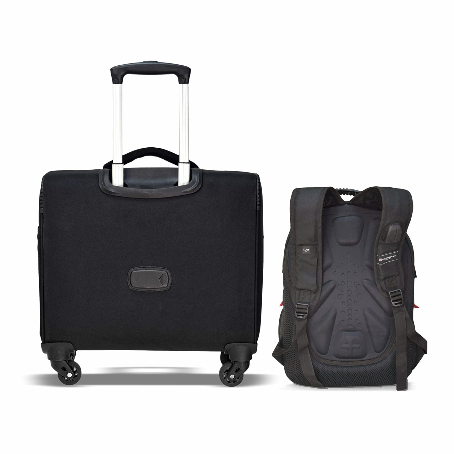 Swiss Military Combo of Luggage Bag, Soft-Sided Trolley Bag, Cabin Luggage, 3 Dial Lock, 43 cms, 32L, Black & Laptop Backpack with USB Charging Port, Travel Backpack for Men, 31L, Black & Red, 1