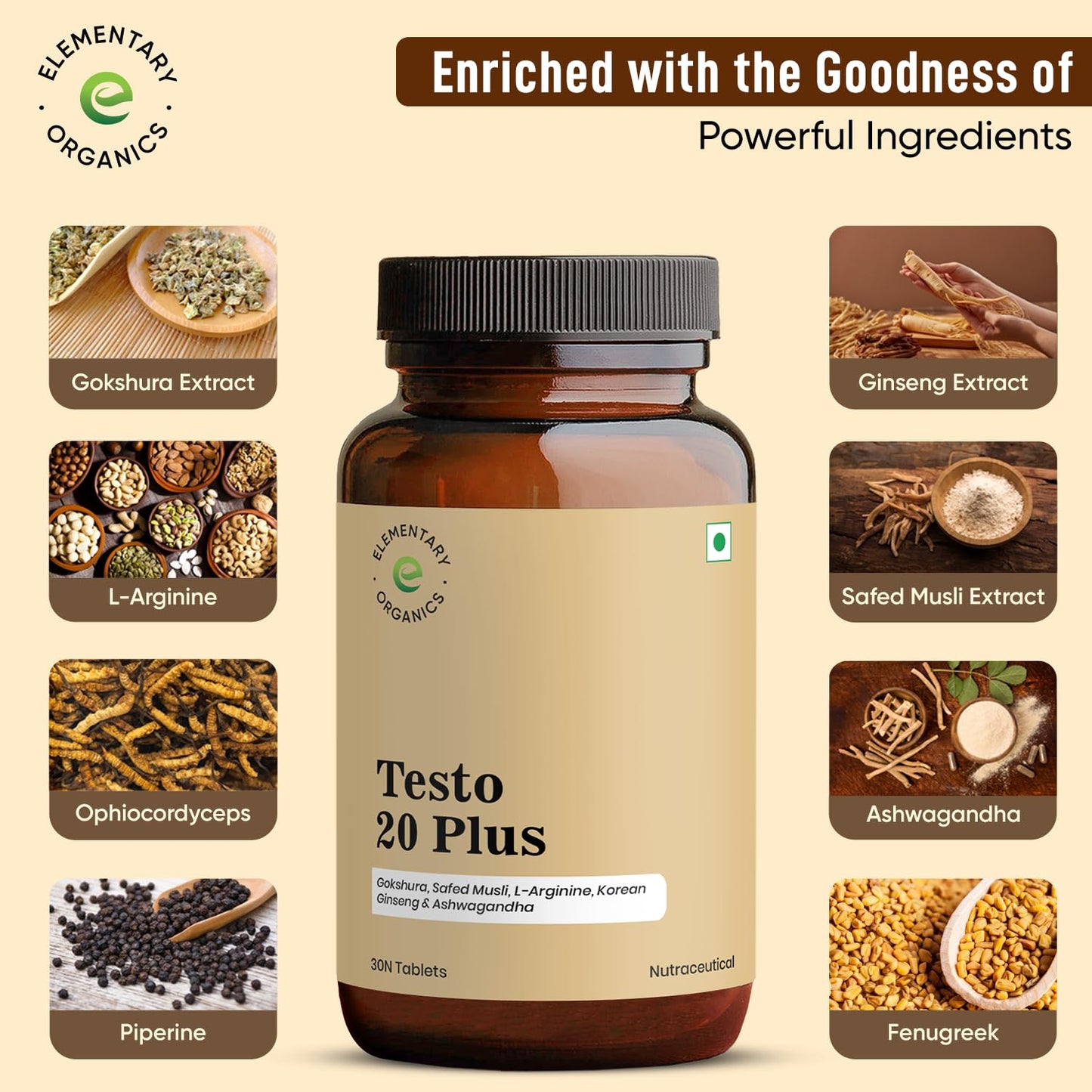Elementary Organics Testo 20 Plus Supplement with Gokshura, Safed Musli, L-Arginine, Ashwagandha | Strength | Stamina | Performance | Energy – 30 Veg Tablets