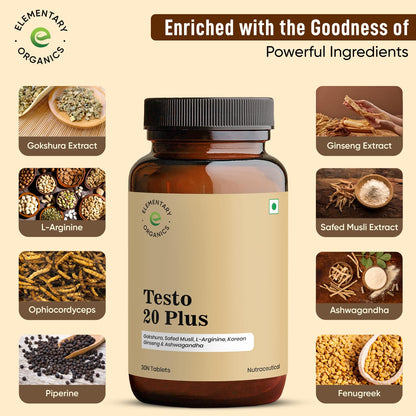 Elementary Organics Testo 20 Plus Supplement with Gokshura, Safed Musli, L-Arginine, Ashwagandha | Strength | Stamina | Performance | Energy – 30 Veg Tablets