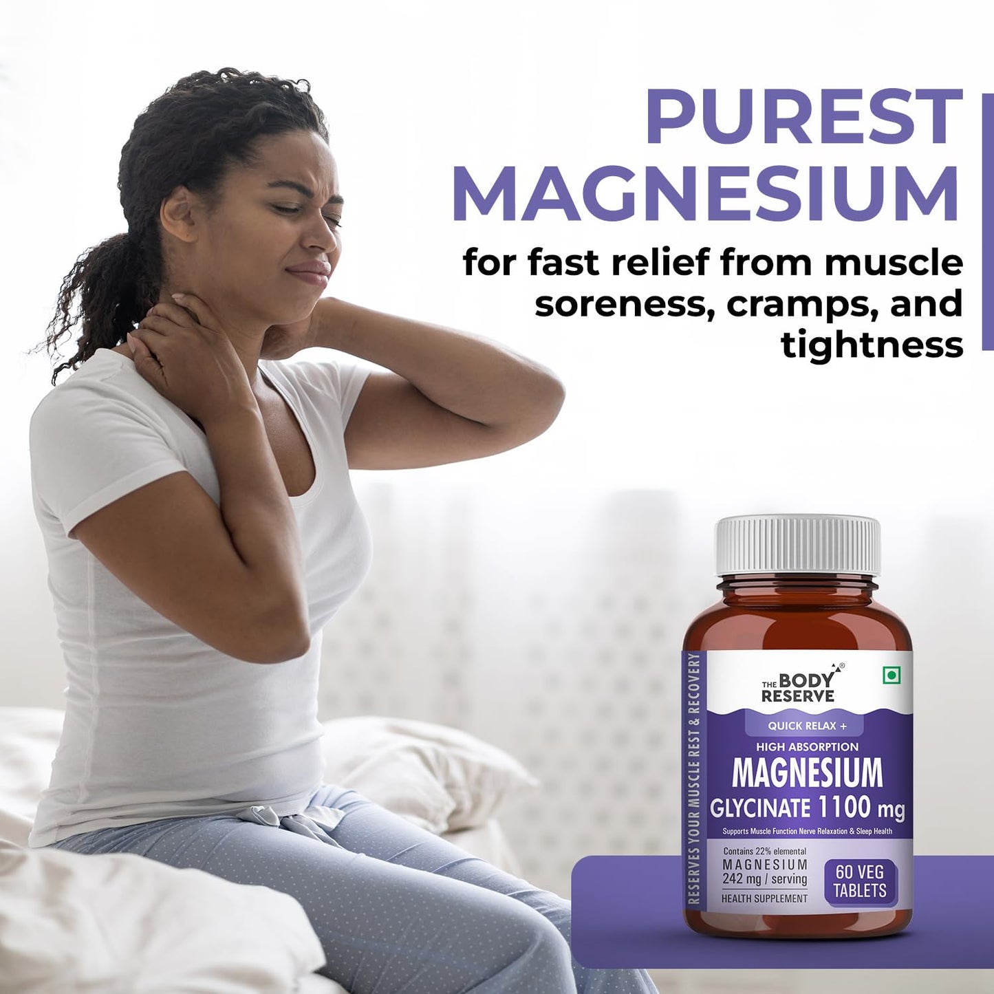 The Body Reserve Magnesium Glycinate Supplement - 60 Veg Tablets, 1100mg Per Serving, High Absorption Chelated Form - Muscle & Nerve Health, Relaxation for Men & Women