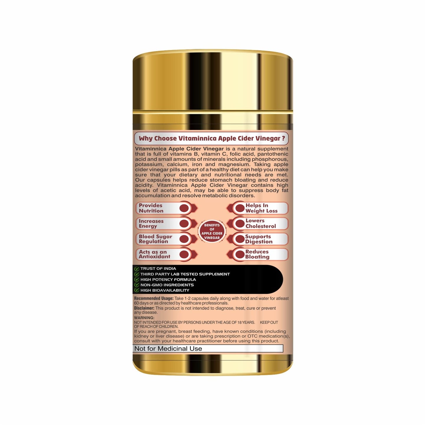 Vitaminnica Apple Cider Vinegar & Curcumin | 60 Veg Capsules for Weight Management and Suppport Digestive Health | (Pack of 1)
