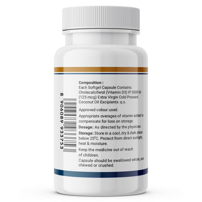 INLIFE Vitamin D3 5000 IU Cholecalciferol with Coconut Oil Supplement for Better Absorption, For Men & Women, Immunity, Bone Health, Muscles - 60 Softgels