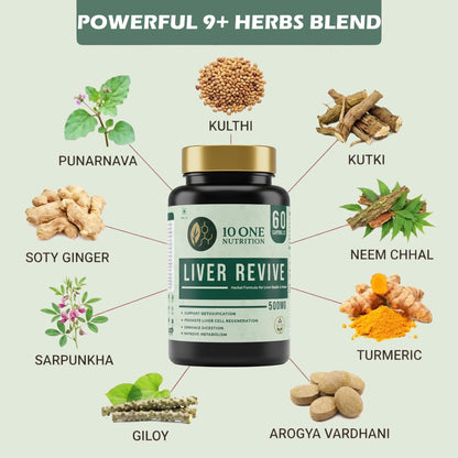 10 One Nutrition Liver Revive Detox 500mg with Kutki, Punarnava & 17 More Herbs | Care Fatty Liver, Digestive Enzymes & Natural Detox Support | 60 Veg Capsules