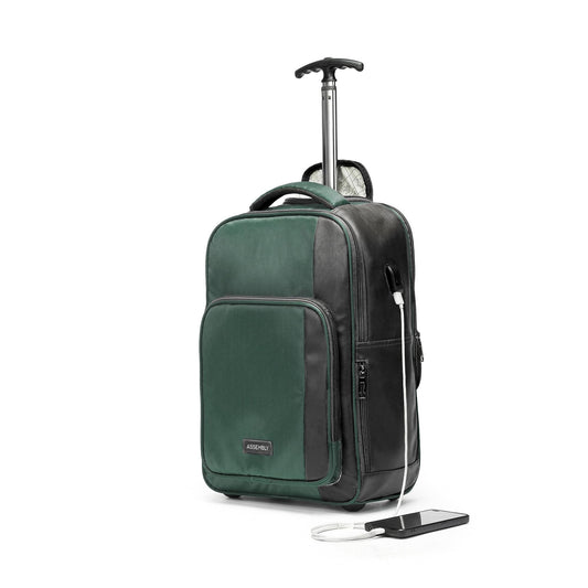 THE ASSEMBLY 3 Compartments Laptop Roller Case for Office Travel | Weekender Bag with Wheels for Men & Women- 30 Liters - One Day Travel Backpack - Metro Mod, Green
