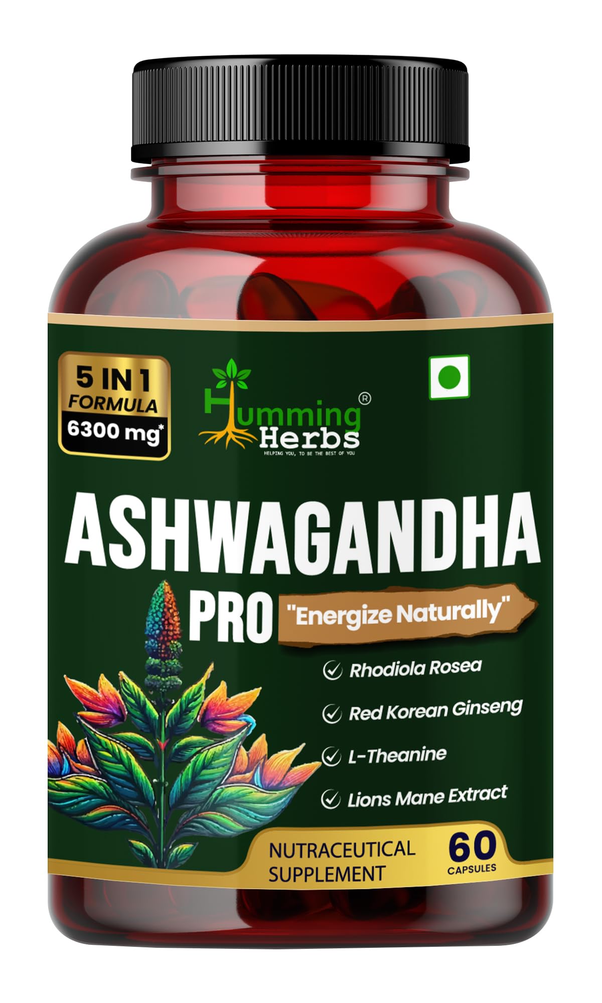 Humming Herbs Ashwagandha Pro - High Potency Adaptogen Blend with Rhodiola Rosea, Red Korean Ginseng, L-Theanine, & Lion's Mane - Natural Stress Relief & Cognitive Support(60 Caps)