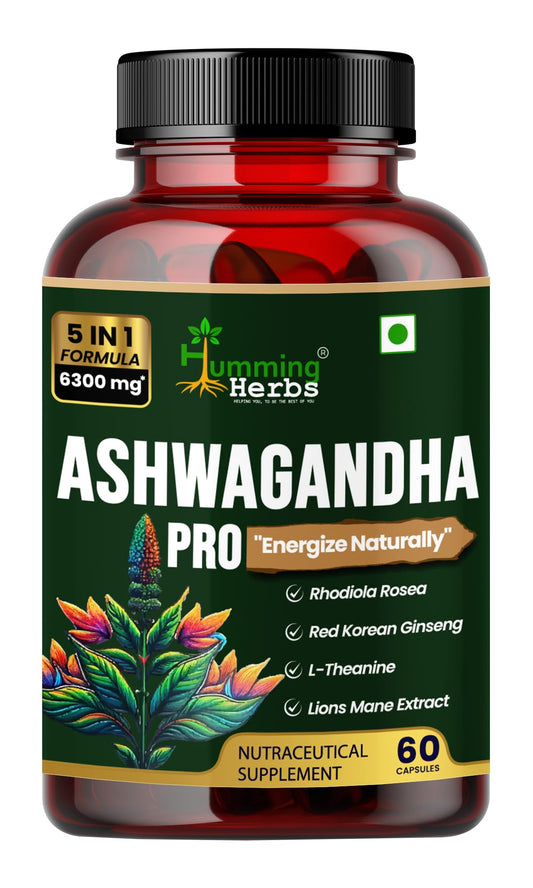 Humming Herbs Ashwagandha Pro - High Potency Adaptogen Blend with Rhodiola Rosea, Red Korean Ginseng, L-Theanine, & Lion's Mane - Natural Stress Relief & Cognitive Support(60 Caps)