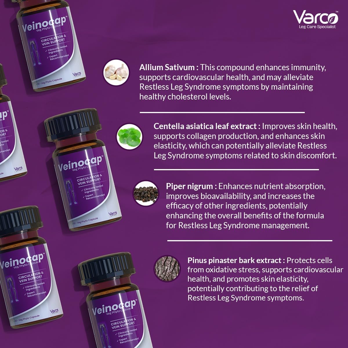 Varco LEG CARE Veinocap Phyto Capsules for Standardized Leg Varicose Veins, Capillary - Muscle Health & Blood Circulation Support with High Efficacy|Horse Chestnut, Pine Bark & Grapeseed Extract-60 Veg Caps