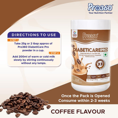 Pro360 Diabeticare Pro Protein Powder for Diabetic Nutrition Supplement for Diabetes Care Helps in Managing Glucose Levels - Zero Added Sugar - Coffee Flavour 200gm