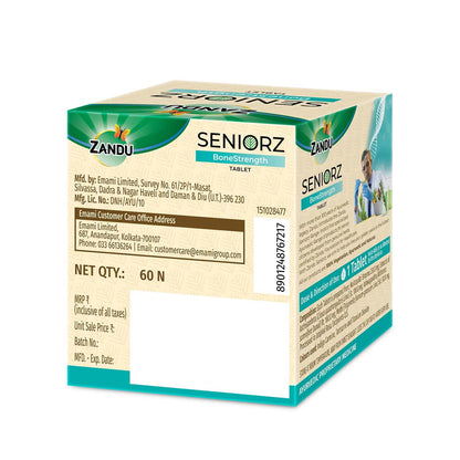 Zandu Seniorz BoneStrength Tablet, 60 Tablet, Clinically proven to Help Increase Bone Mineral Density & Collagen, Rich in Natural Calcium, Vitamin D3 | with Hadjod