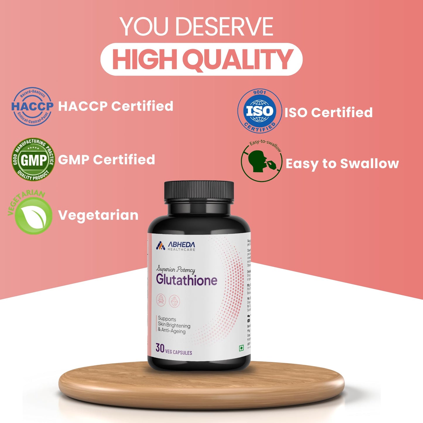 ABHEDA HEALTHCARE L-Glutathione 500mg - 30 Capsules - With Vitamin C and E | Advanced Antioxidant for Skin Brightening, Detoxification, and Immune Support