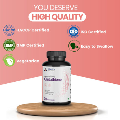 ABHEDA HEALTHCARE L-Glutathione 500mg - 30 Capsules - With Vitamin C and E | Advanced Antioxidant for Skin Brightening, Detoxification, and Immune Support