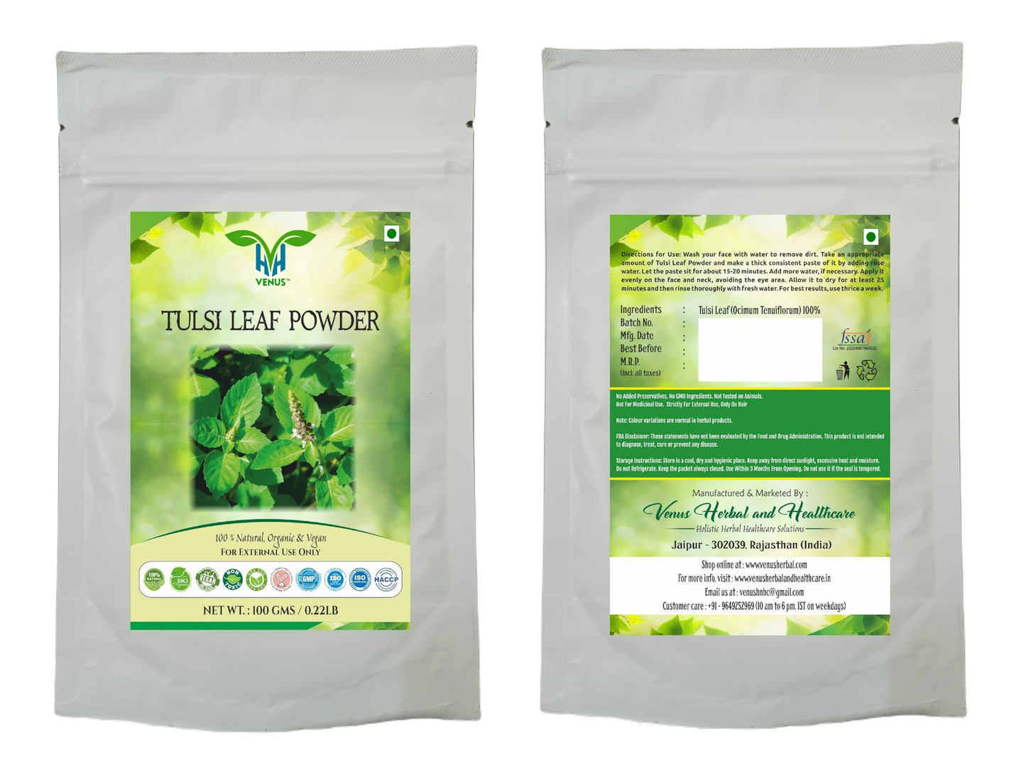 VENUS Unisex Tulsi Leaf Powder For Face & Skin | Helps In Skin Care | Natural - 100% Ground Ocimum Tenuiflorum Leaves (100 Grams)