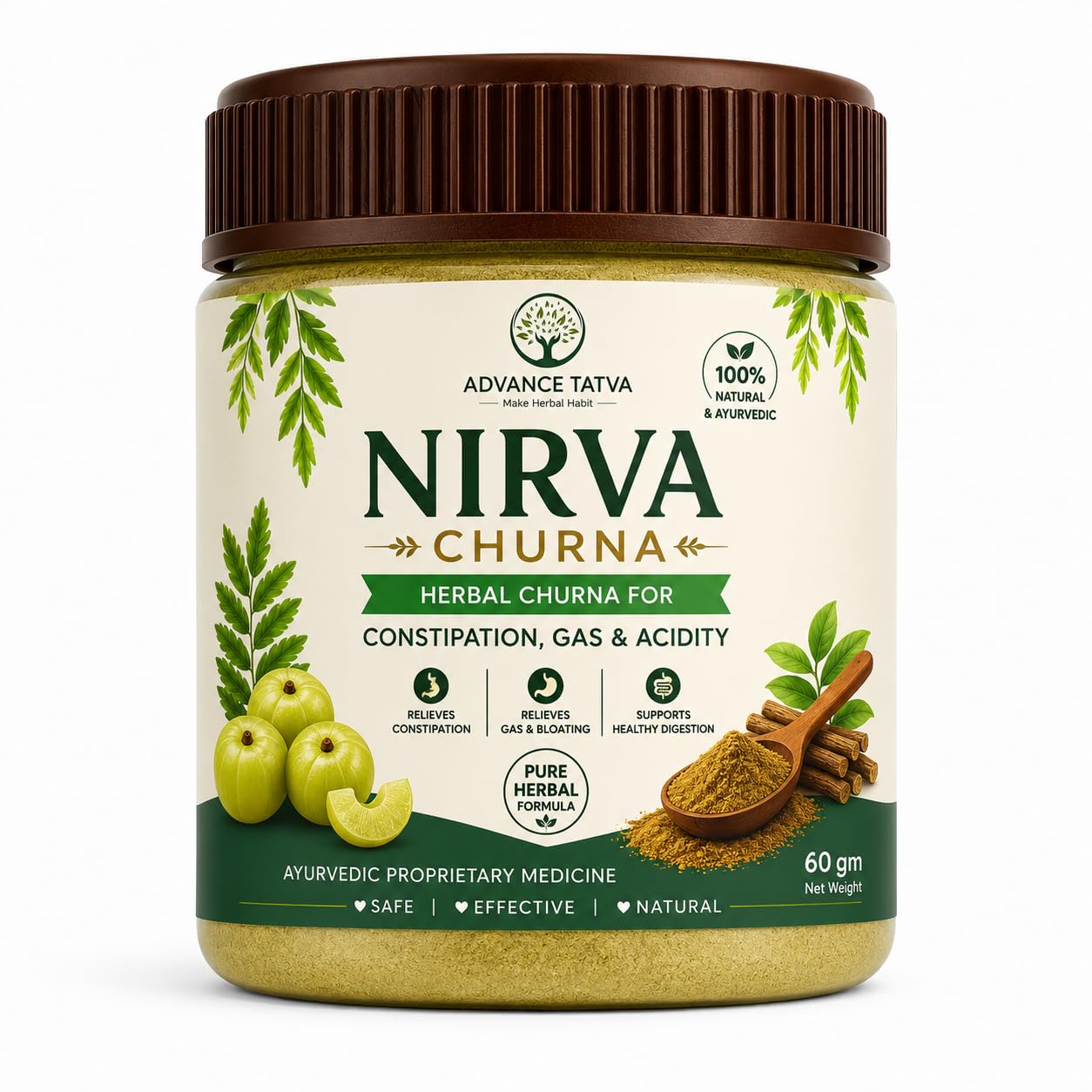 Advance Tatva Nirva Churna, Herbal Powder for Constipation, Gas & Acidity, 100% Natural & Ayurvedic, 60 gm
