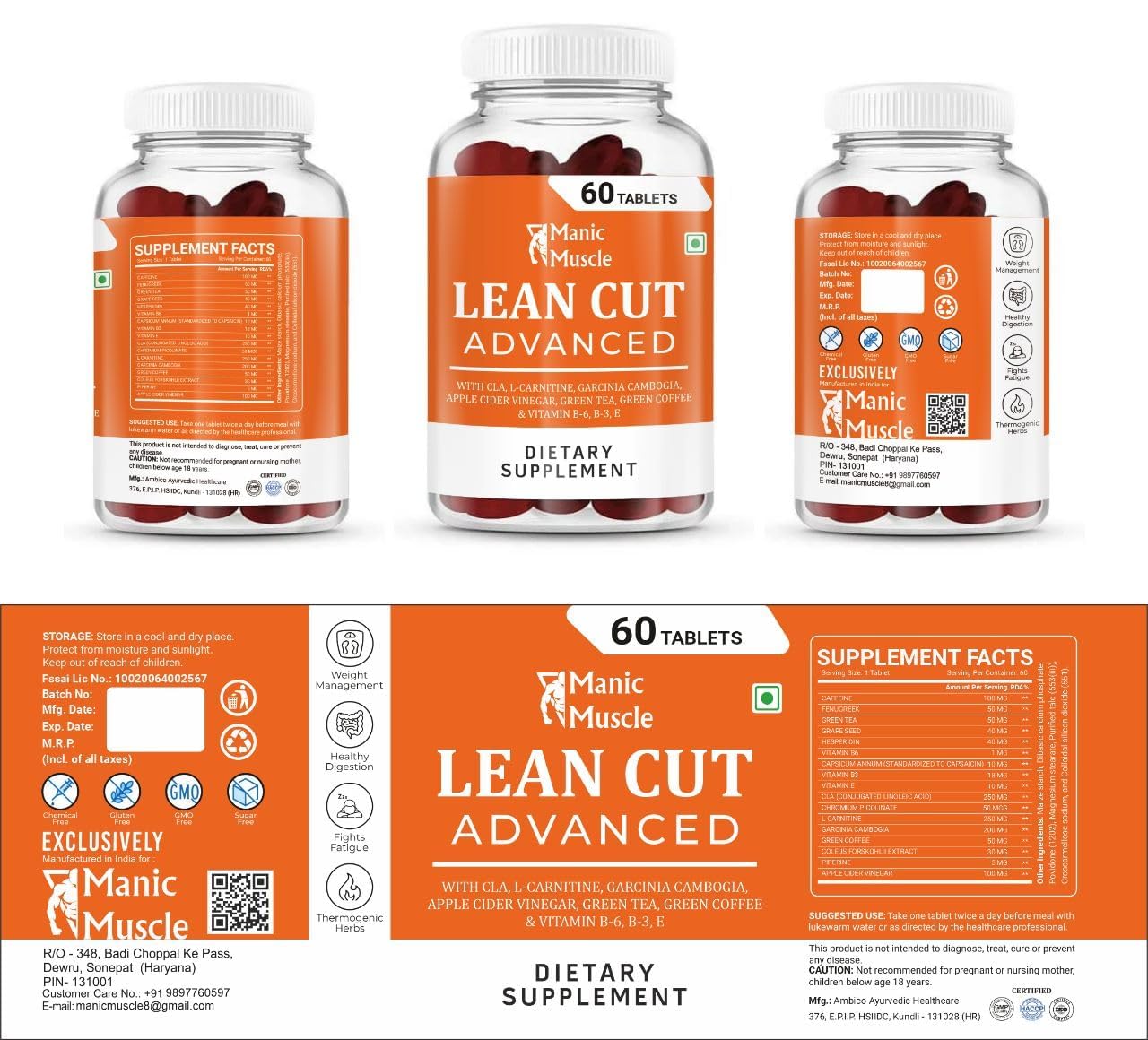 Manic Muscle Lean Cut - Thermogenic Fat Burner, Weight Loss Supplement, Appetite Suppressant, & Energy Booster (60 Tablets)