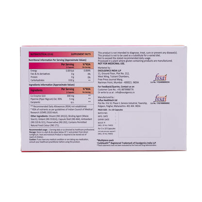 CoQHEALTH 300 mg | Coenzyme Q10 (Ubiquinone) + Piperine Supplement | Supports Cellular Energy, Heart Health & Cognitive Wellness | 30 Capsules | Vegetarian | Excelgenics